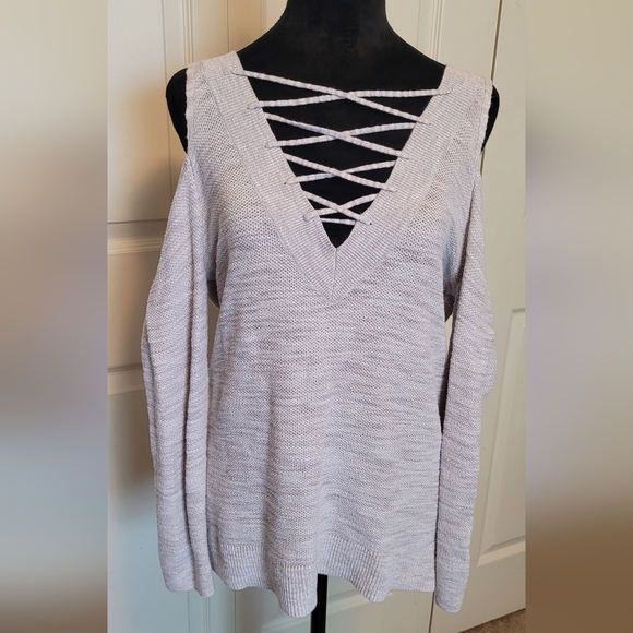 Express Sweaters - EXPRESS Cold SHOULDER Women's V-Neck Crisscross Sweater - Light Gray SMALL